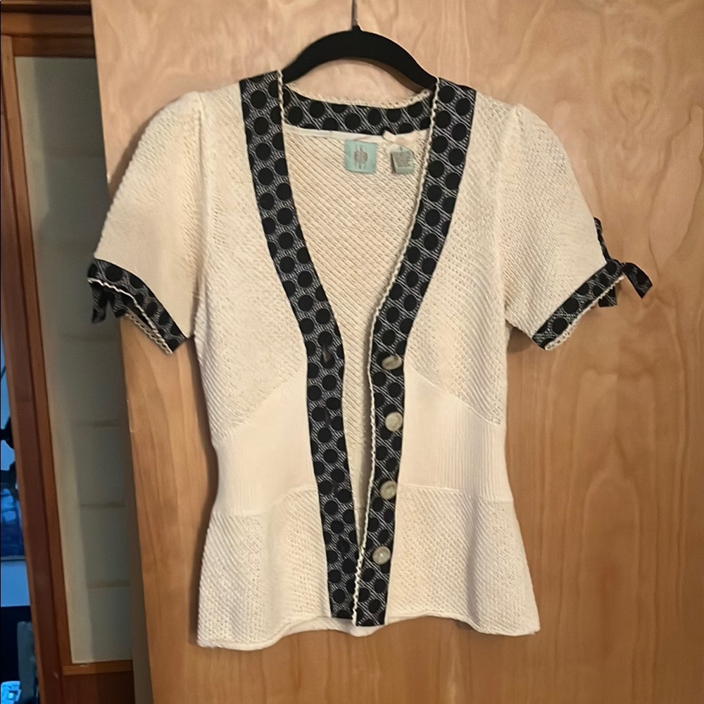 Anthropologie Cream and Black Button-Up Knit Top